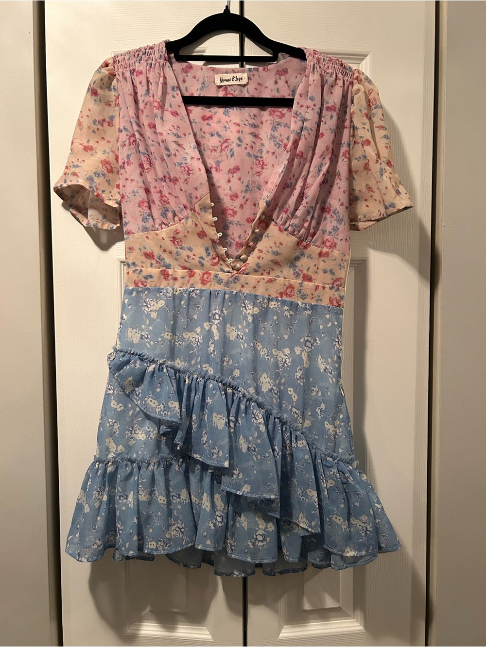 Yvonne & Love Floral Patchwork Mini Dress - Pink & Light Blue